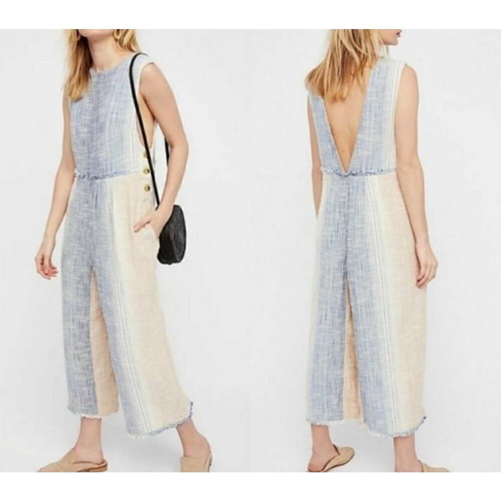 NWT Free People Moab Jumpsuit Striped Romper Cotton V Back XS Wide Leg Cropped